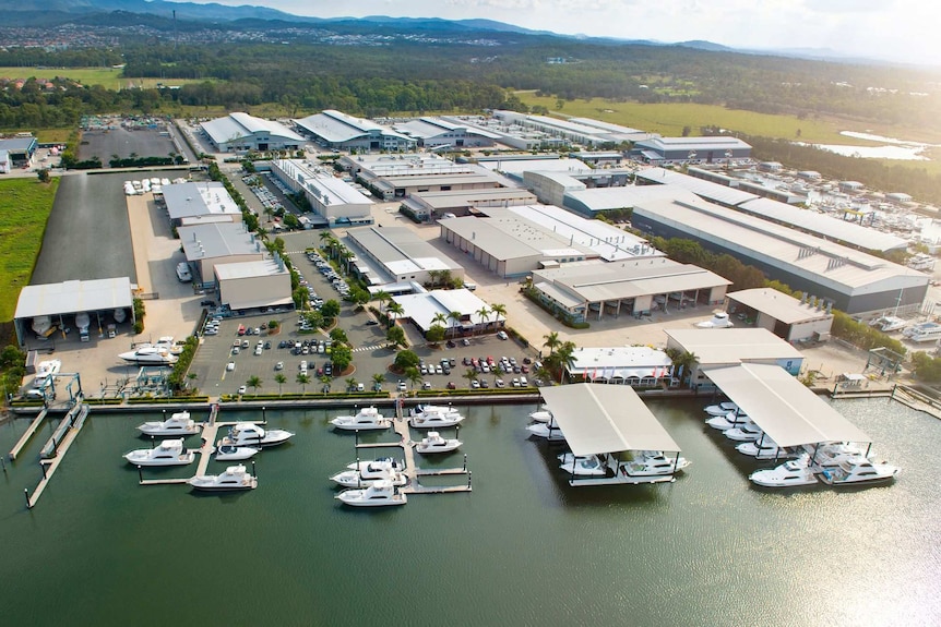 Aerial photo of Riviera Australia's factory at Coomera Marine Precinct on the northern Gold Coast.