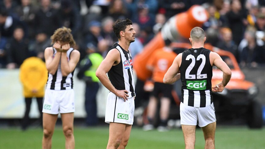 Scott Pendlebury looks disappointed after the Magpies lost to the Eagles in the AFL grand final.