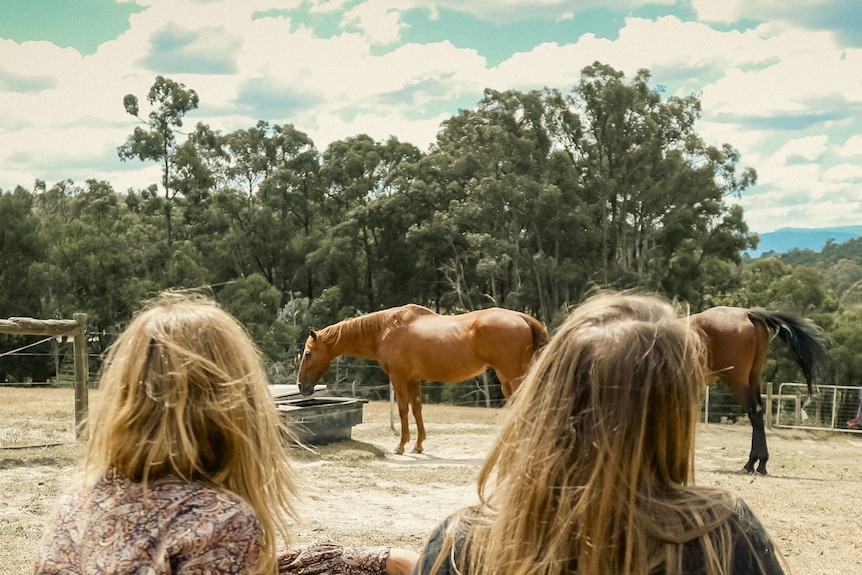 Two women with their backs to the camera look out at a paddock at some horses and a mountainous view.
