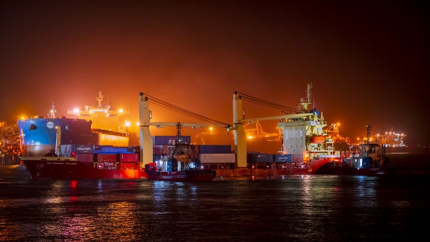 Ships line up at a port at night