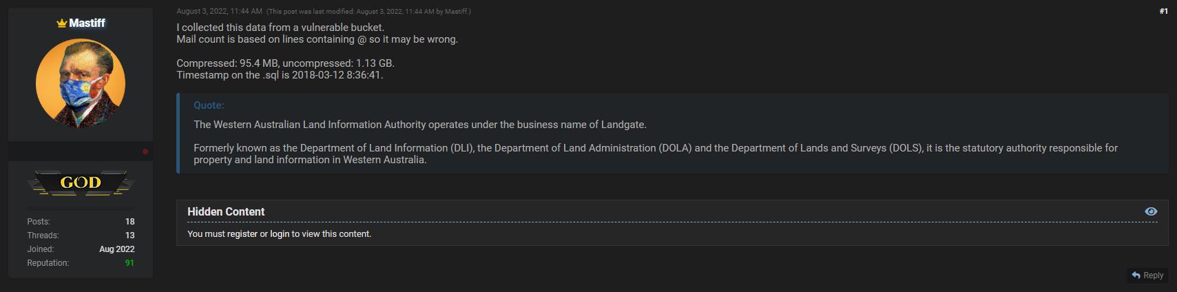 A screenshot showing data from WA's Landgate being posted online.