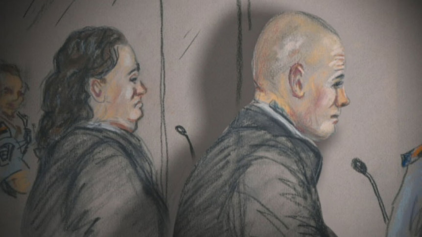 Court sketch of Donna McAvoy and Phillip Abell, who are accused of murdering Gold Coast policeman Damian Leeding