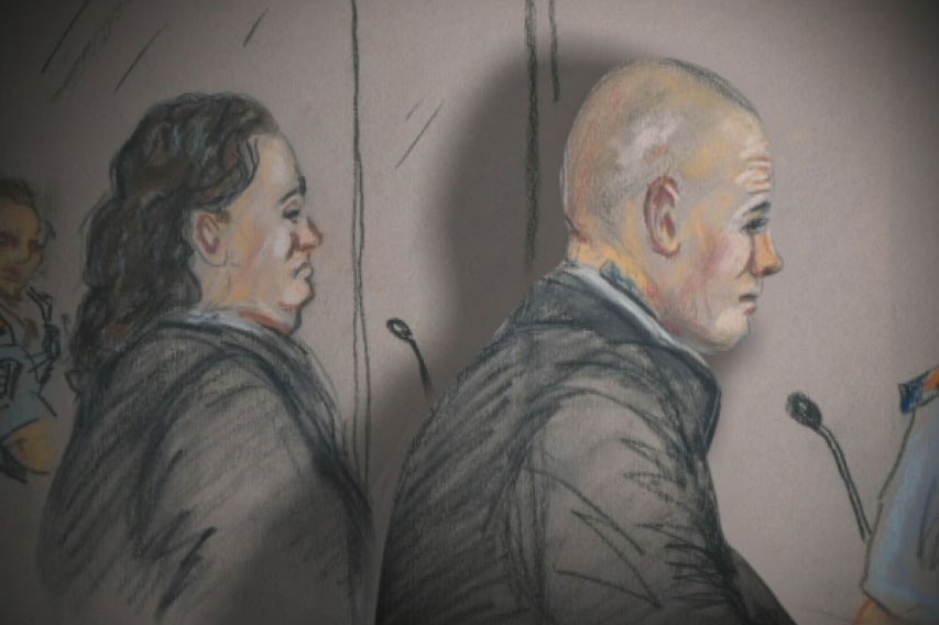 Court sketch of Donna McAvoy and Phillip Abell, who are accused of murdering Gold Coast policeman Damian Leeding