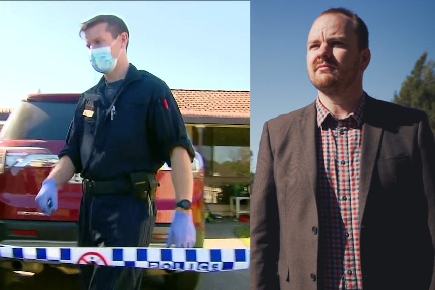 An officer walking at a home near police tape, a man looking proud