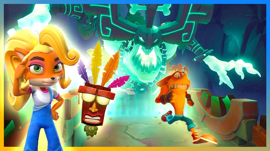 Crash Bandicoot running from a glowing giant, Coco and Aku Aku stand at the forefront
