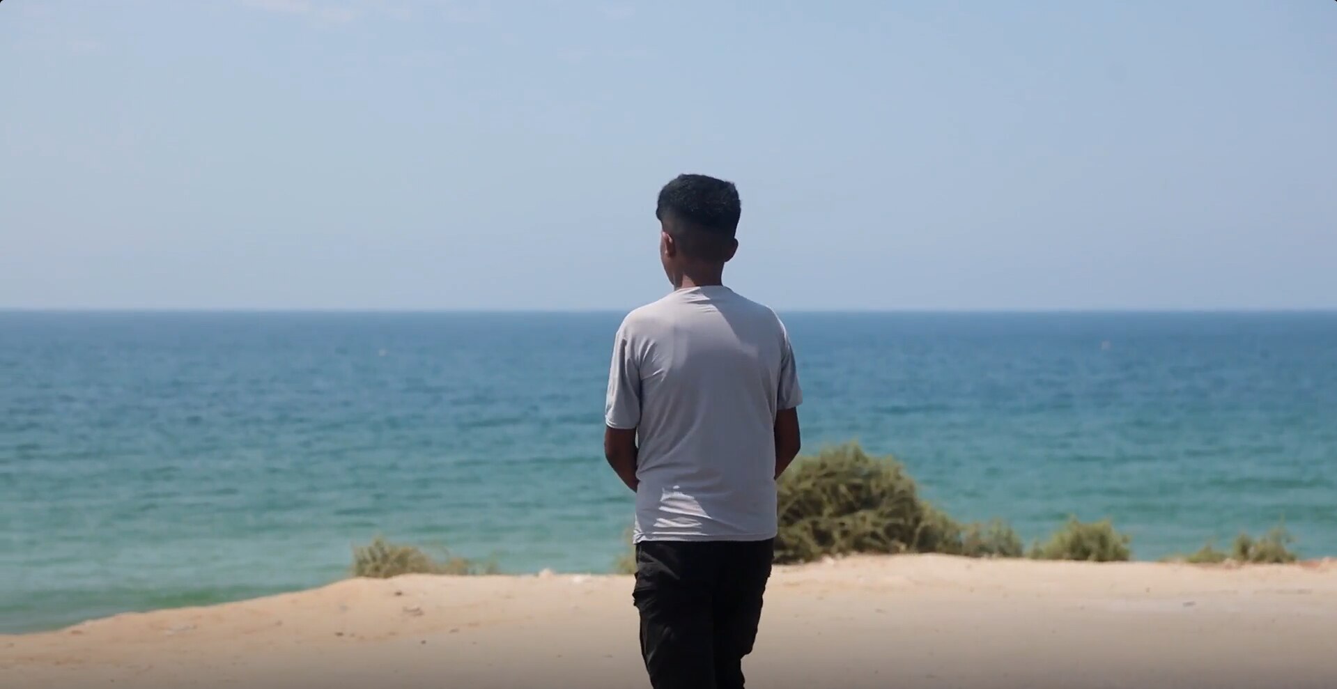 A boy stands in front of the beach with his back to the camera
