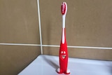 A child's toothbrush stands on a bathroom sink.