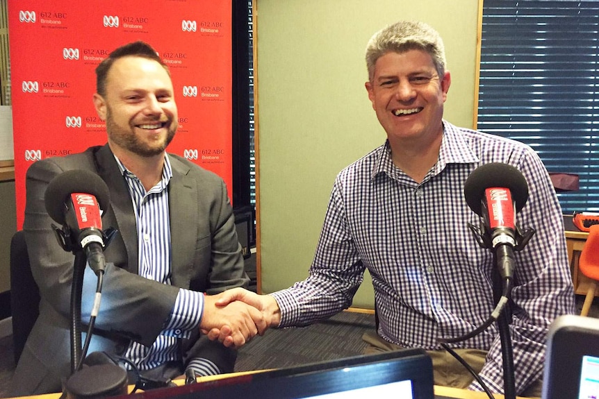 Brisbane City Council's Public Transport chair Adrian Schrinner and Transport Minister Stirling Hinchliffe