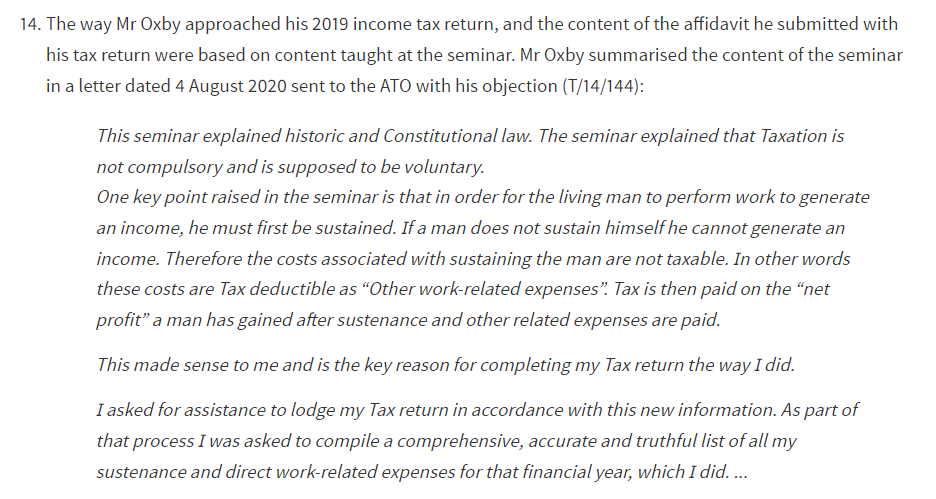 Un extracto de una carta que Oxby envió a la Oficina de Impuestos de Australia.