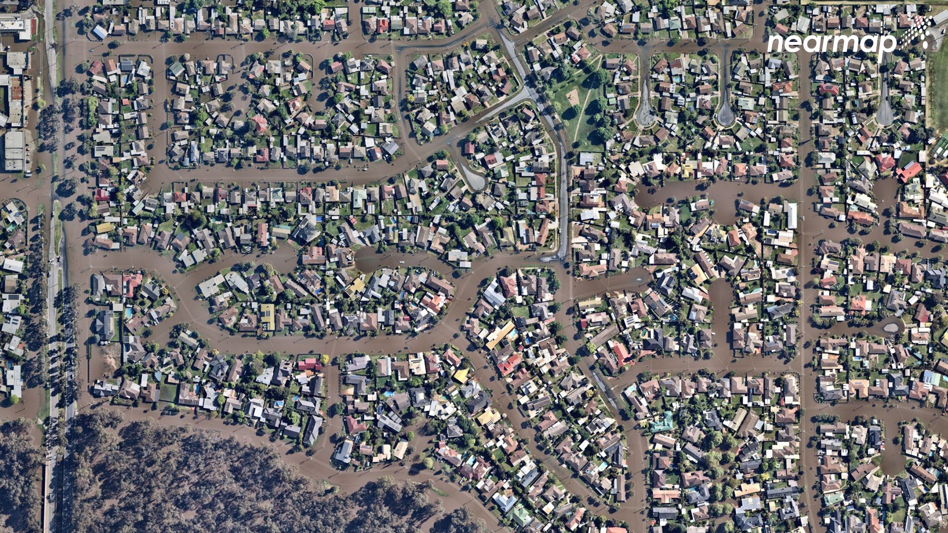 Floodwater fills roads and homes across a suburb of Shepparton during the floods
