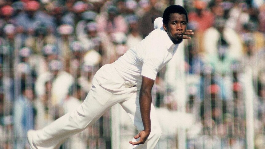 Malcolm Marshall bowls during a Test match