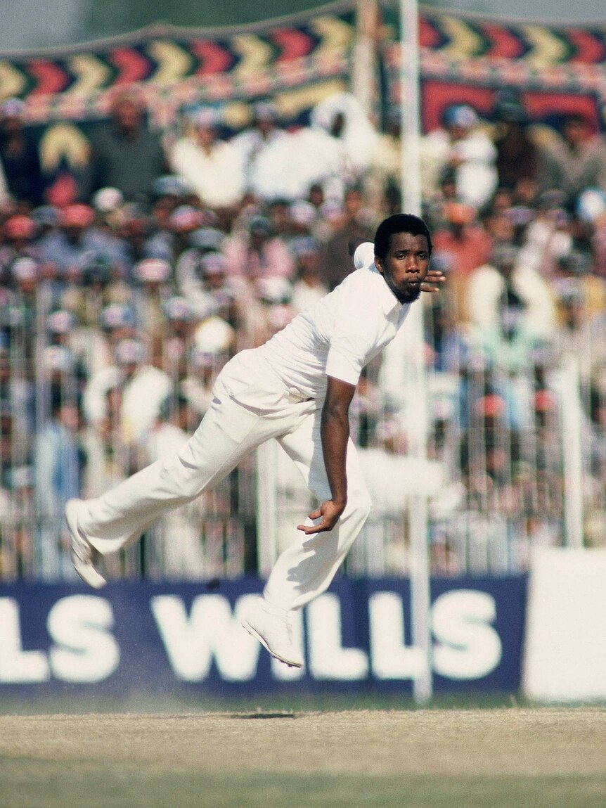 Malcolm Marshall bowls during a Test match