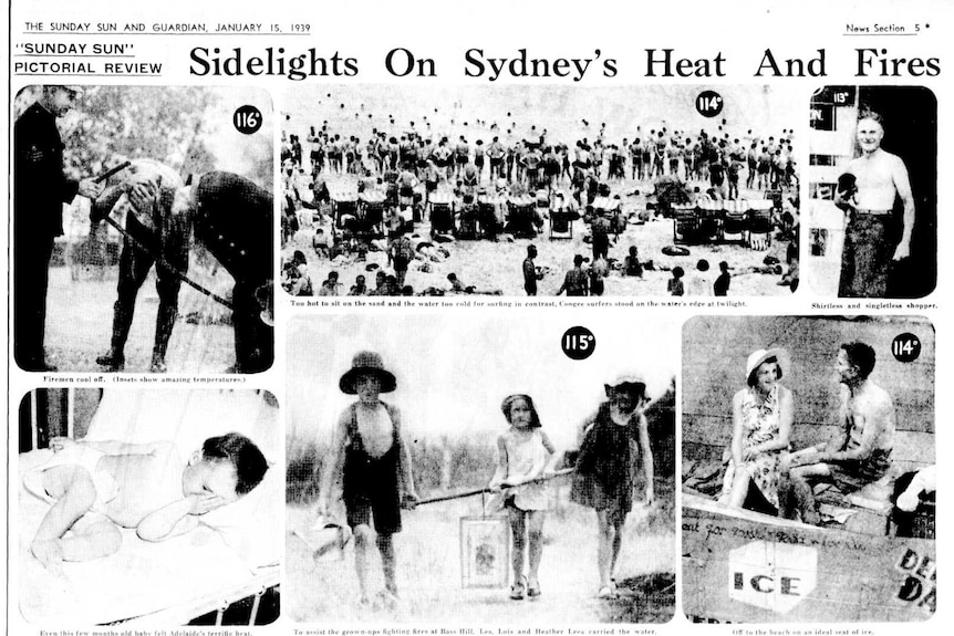 Newspaper clipping of photos from heatwave.