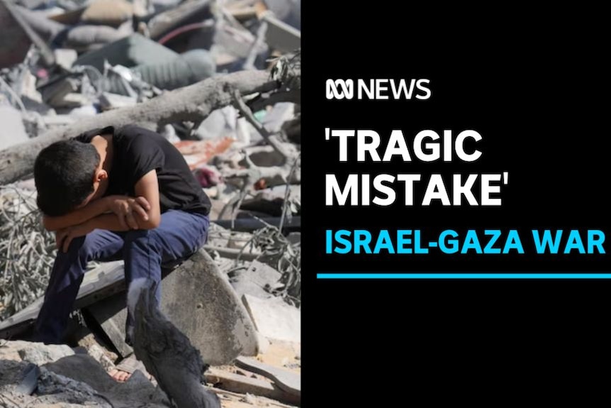 'Tragic Mistake', Israel-Gaza War: A boy cries into his arms while sitting on rubble.