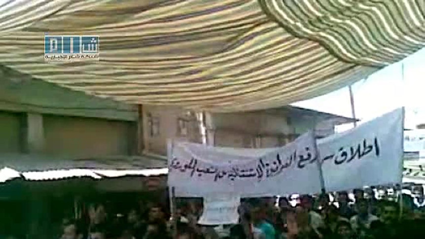 Syrian anti-government protesters marching in the town of Amud