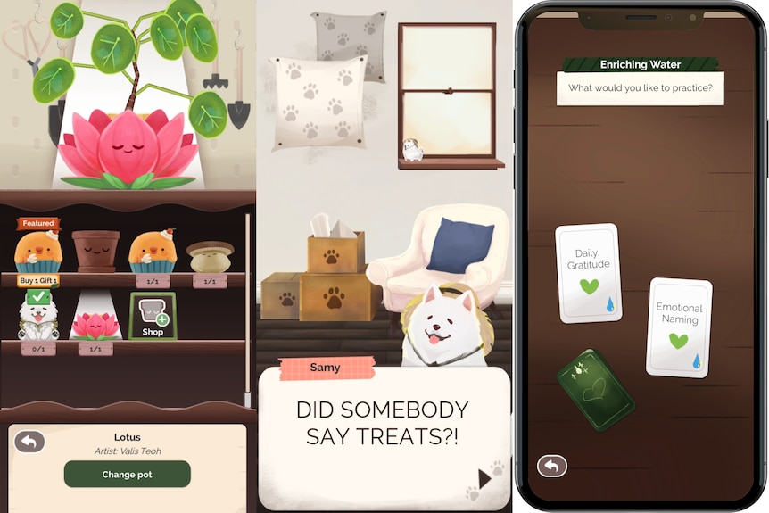 Three screenshots of a phone game, featuring plants to collect, a samoyed dog and a mindfulness game