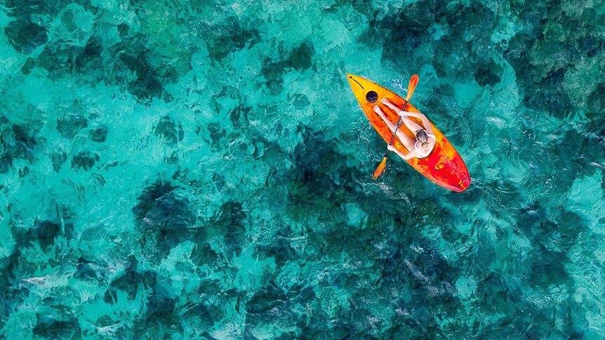 A drone photo of a kayaker in blue water.