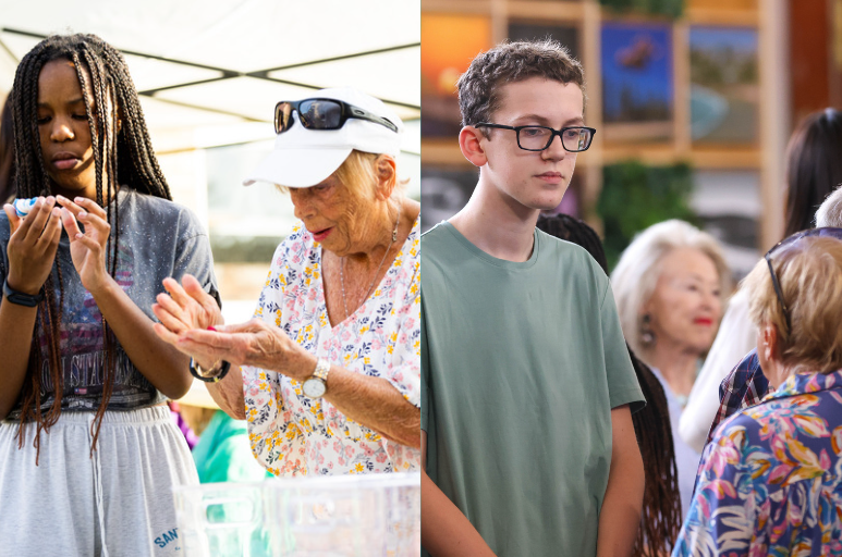 A composite image of a teenage girl and an older woman on the left and a teenage boy speaking to the same older woman on the rig