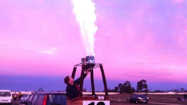 Australia's only balloon maker, Sean Kavanagh demonstrates with his hot air balloon burner.