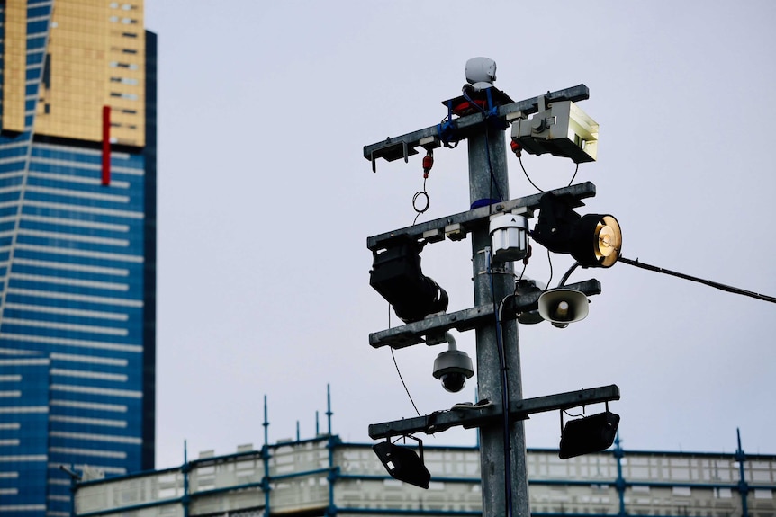 Speakers and security cameras at Federation Square in Melbourne's CBD.