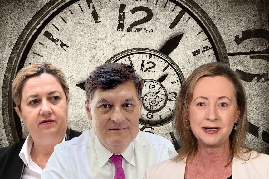 Annastacia Palaszczuk, Gino Pecoraro, and Yvette D'Ath in a montage with a clock face behind.