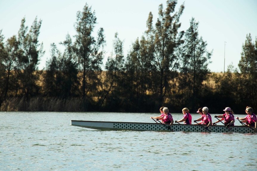 A team of dragon boat racers paddle through the water.