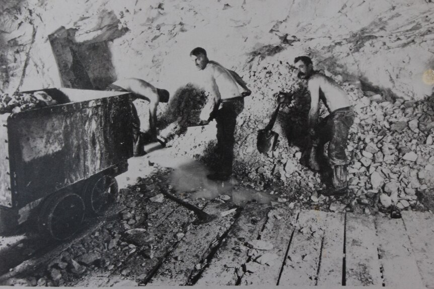 a black and white photo of workers shovelling