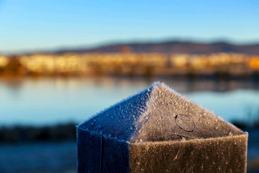 Frost on a fence post in Canberra as the temperature dipped to -8C.
