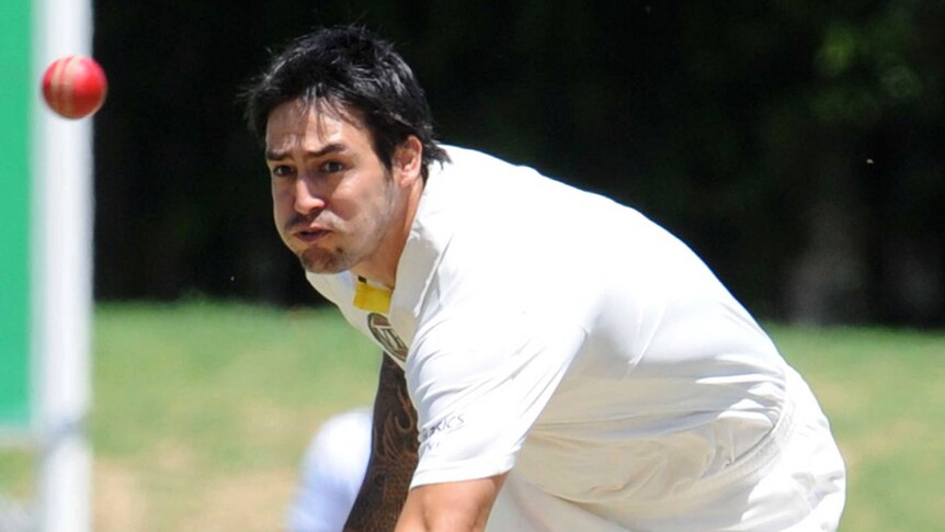 Good generic pic of Mitchell Johnson in whites sending one down in South Africa tour match