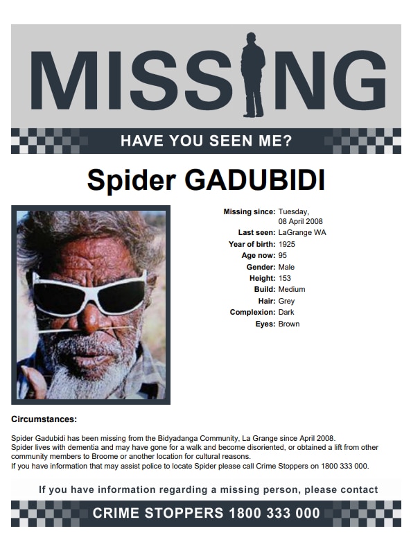 A missing persons poster depicting a man wearing sunglasses.