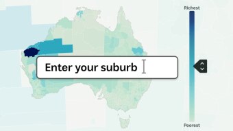 A map of Australia is overlaid with a search box containing the words "Enter your suburb"