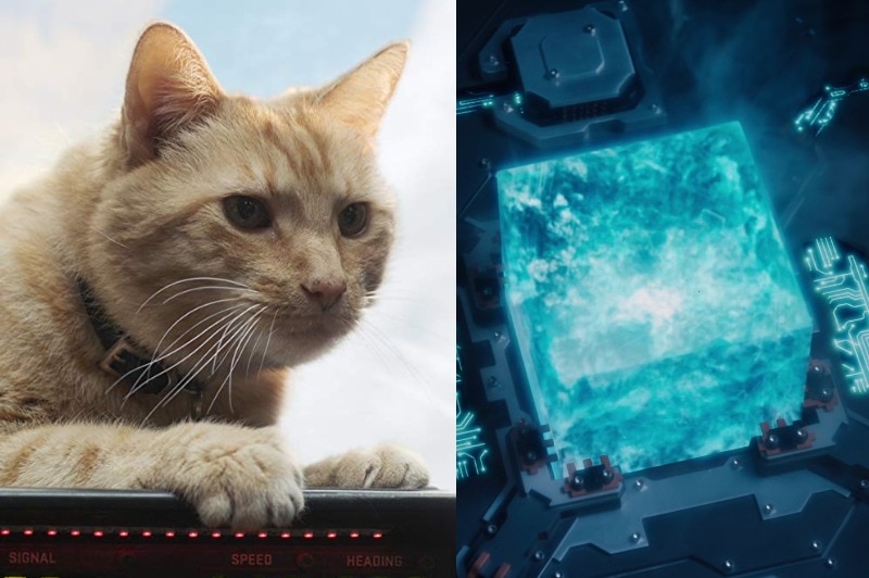 A composite image of Goose, an alien Flerken that looks like a ginger cat, and the Tesseract, a blue cube.