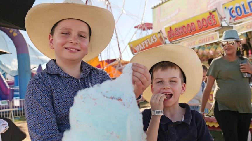 Two young boys wearing shirts and cowboy hats tuck into a stick of blue fairy floss.