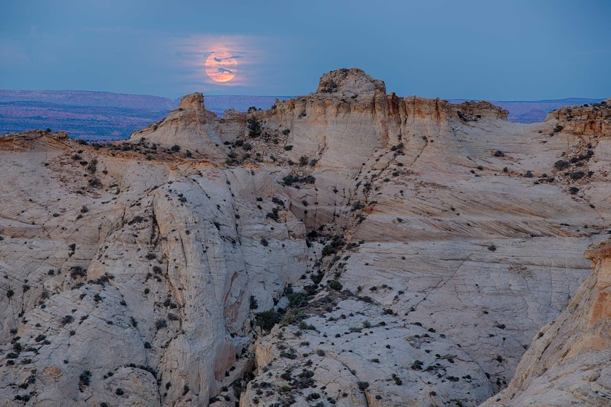 The moon hangs low over a desert landscape.