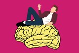 An illustration of a man lying on a brain with a pink background.