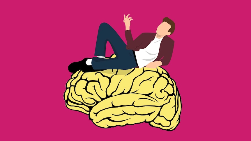 An illustration of a man lying on a brain with a pink background.