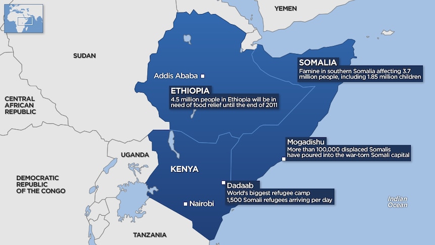Severe famine is affecting southern Somalia, with the impact flowing through to neighbouring Kenya and Ethiopia.