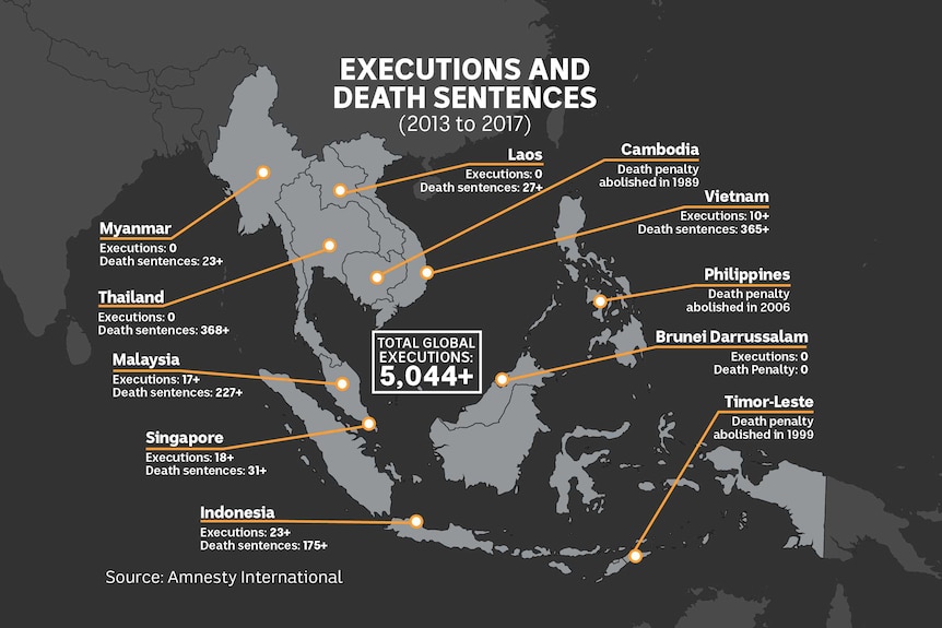 A map of south-east Asia annotated with the number of executions and death sentences over the past five years.