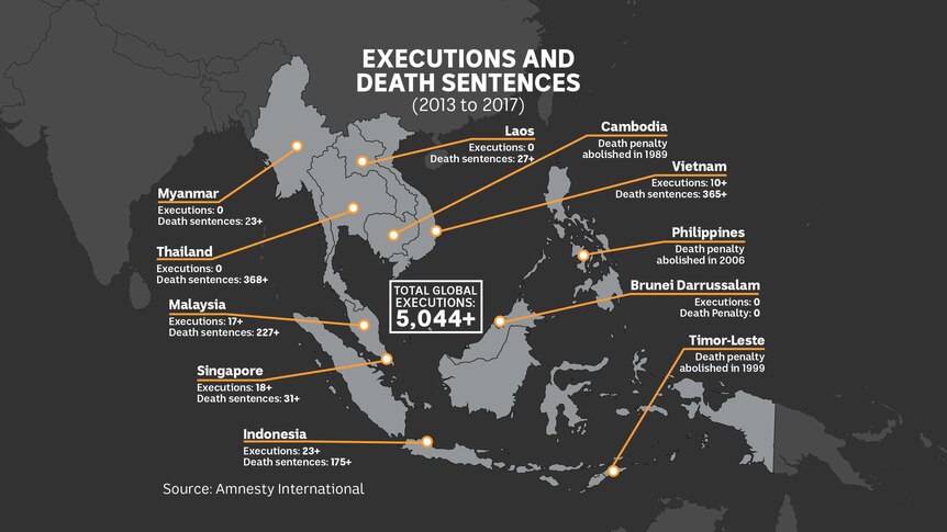 A map of south-east Asia annotated with the number of executions and death sentences over the past five years.