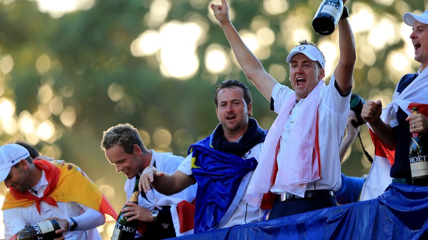 Members of the European Ryder Cup team celebrate their stunning win over the United States.