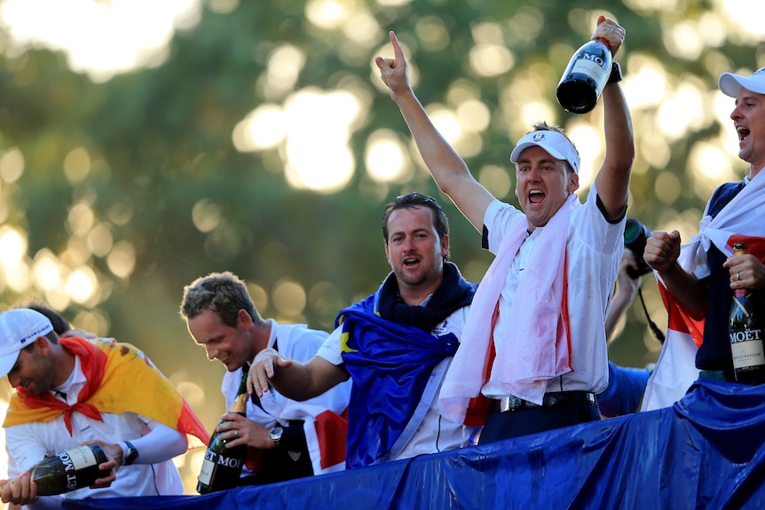 Members of the European Ryder Cup team celebrate their stunning win over the United States.