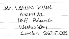 Mr Kahn's handwritten name and address on his letter from prison