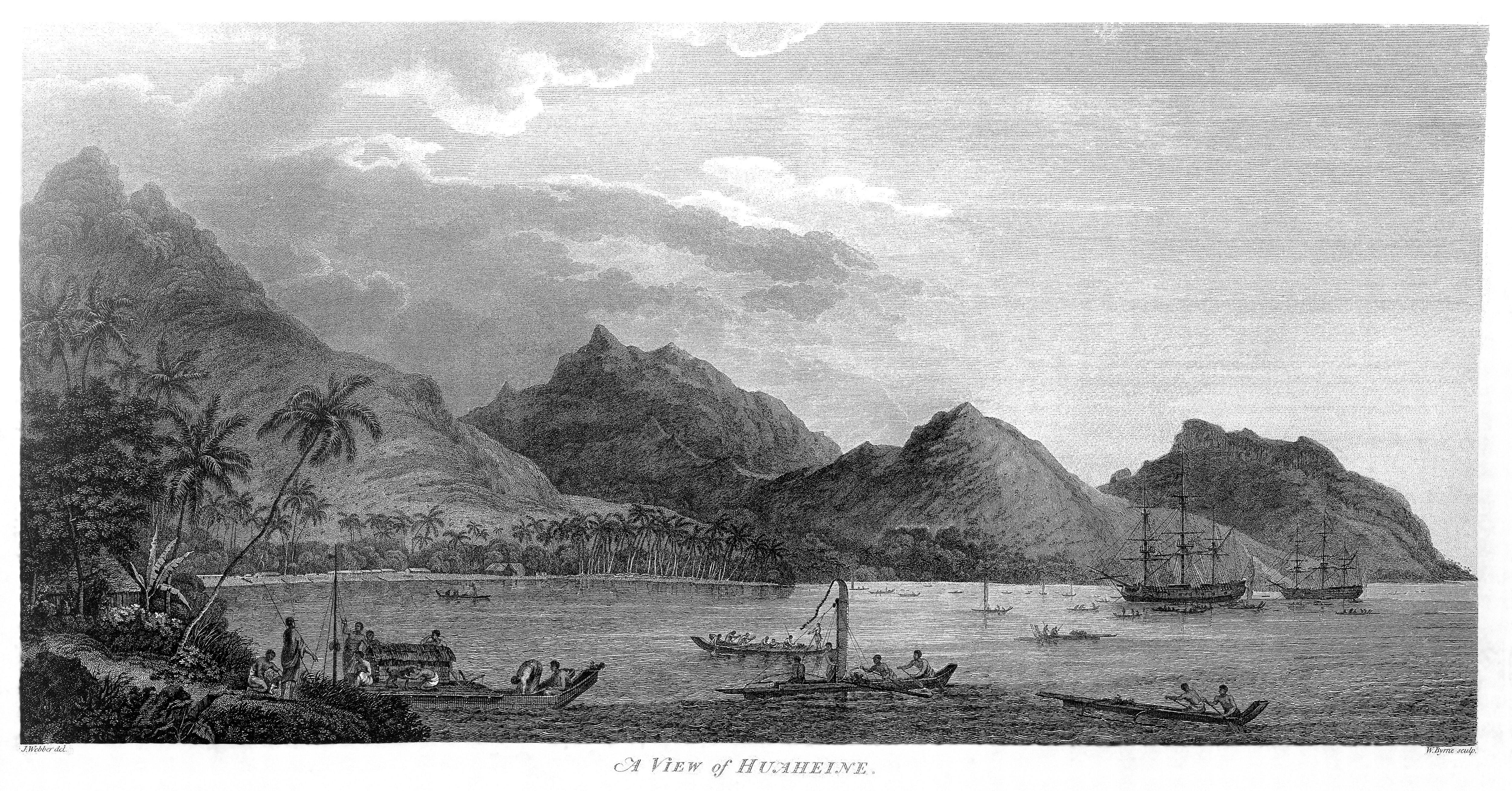 A black and white artwork of a bay on a tropical island.