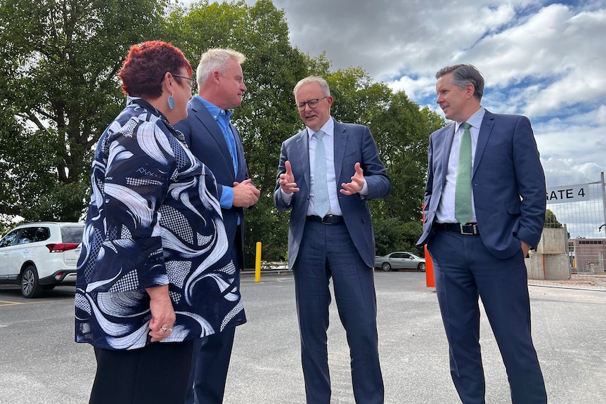 Jeremy Rockliff, Anthony Albanese and Mark Butler speak at Mersey Community Hospital.