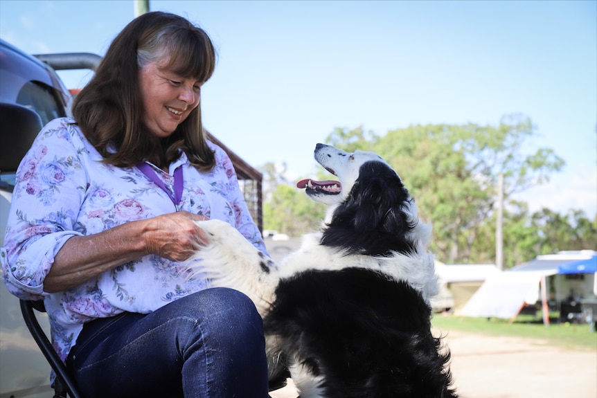 woman sitting with dog jumping up