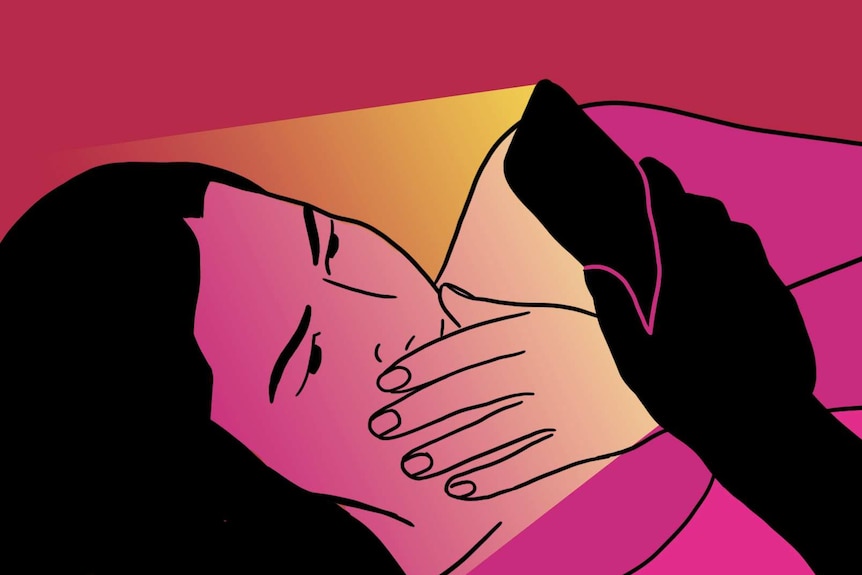 An illustration shows a woman in bed looking at her phone, for a story on doomscrolling.