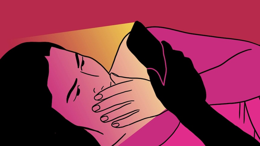 An illustration shows a woman in bed looking at her phone, for a story on doomscrolling.