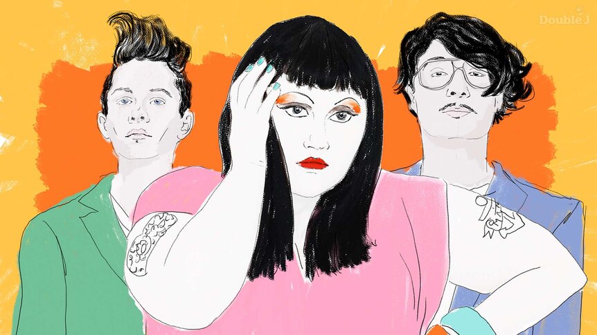 An illustration of musicians Beth Ditto, Hannah Blilie & Nathan Howdeshell of American indie-rock band Gossip