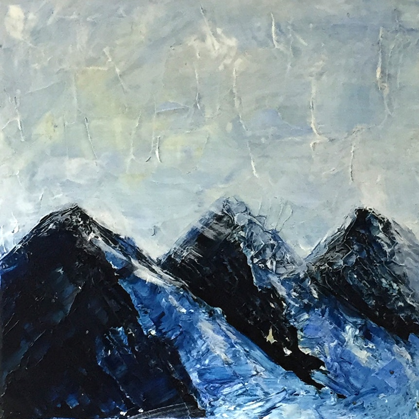 A painting of three blue hills