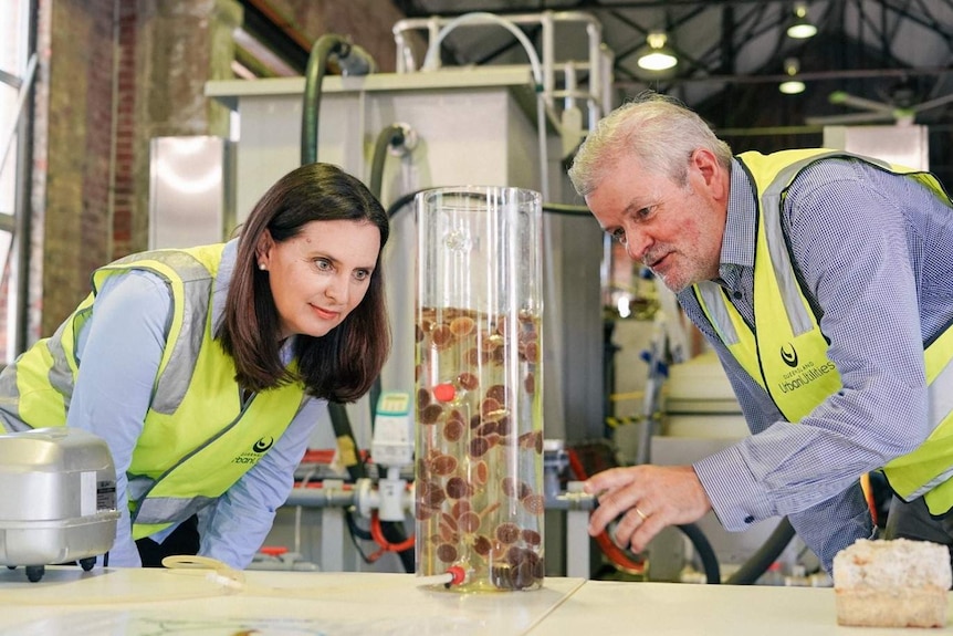 Urban Utilities spokesperson Michelle Cull with Luggage Point sewage treatment plant manager Peter Donaghy.